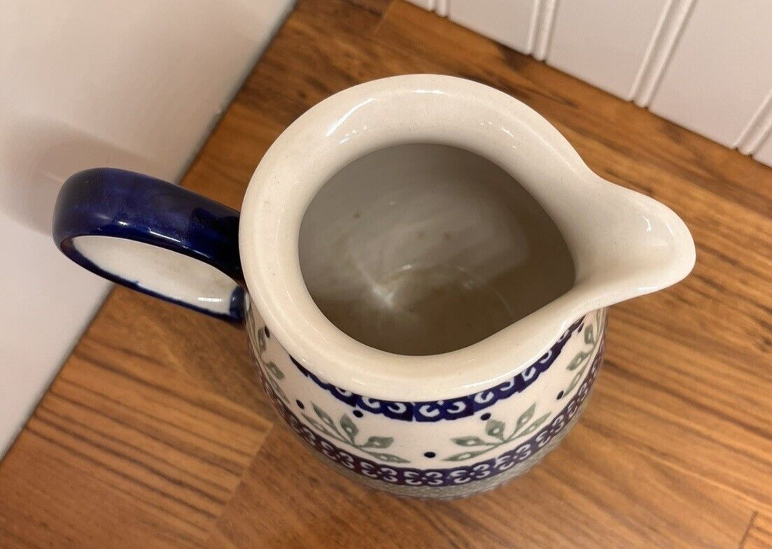 Vintage Boleslawiec Handmade Polish Pottery Pitcher Creamer Blue & Green