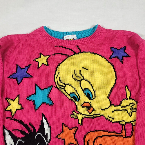 Looney Tunes Tweety Bird Knit Sweater Kids M Neon WB Vtg 1993 Acrylic Pink Stars - Picture 5 of 11