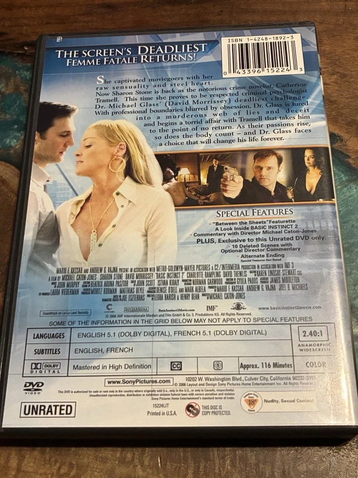 Basic Instinct 2 “UNRATED Extended Cut” DVD 2006  A26 - Image 2 of 2