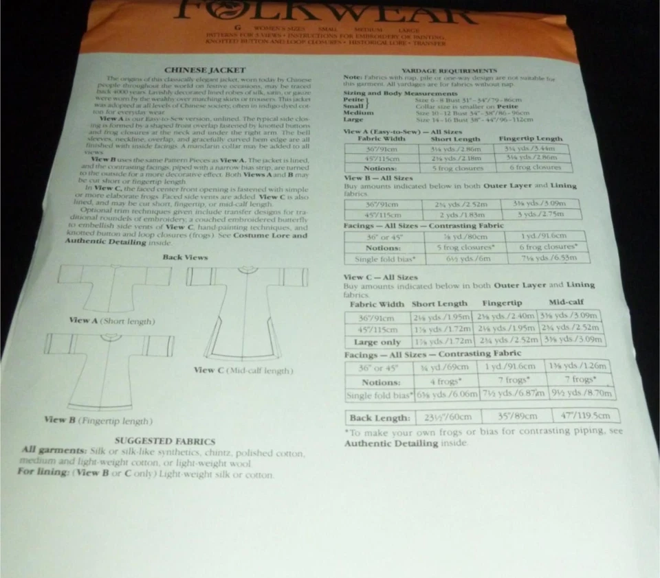 Chinese Lined Unlined Jacket Folkwear 114 Costume Sewing Pattern Women 6-16 VTG - Image 2 of 4