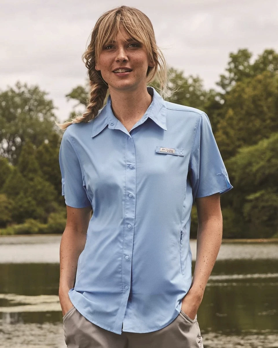 NUEVA Camisa Columbia Tamiami II Para Mujer Talla PEQUEÑA Manga Corta Gorra Blanca Azul PFG