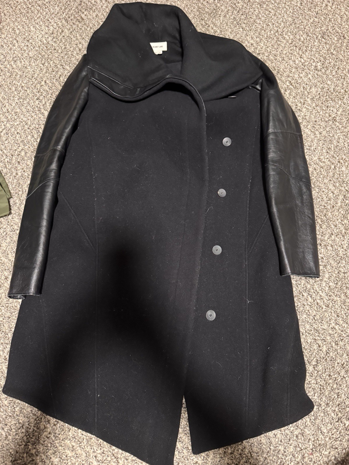 HELMUT LANG Black Wool Blend Overcoat with Lamb Skin Detail in Size S