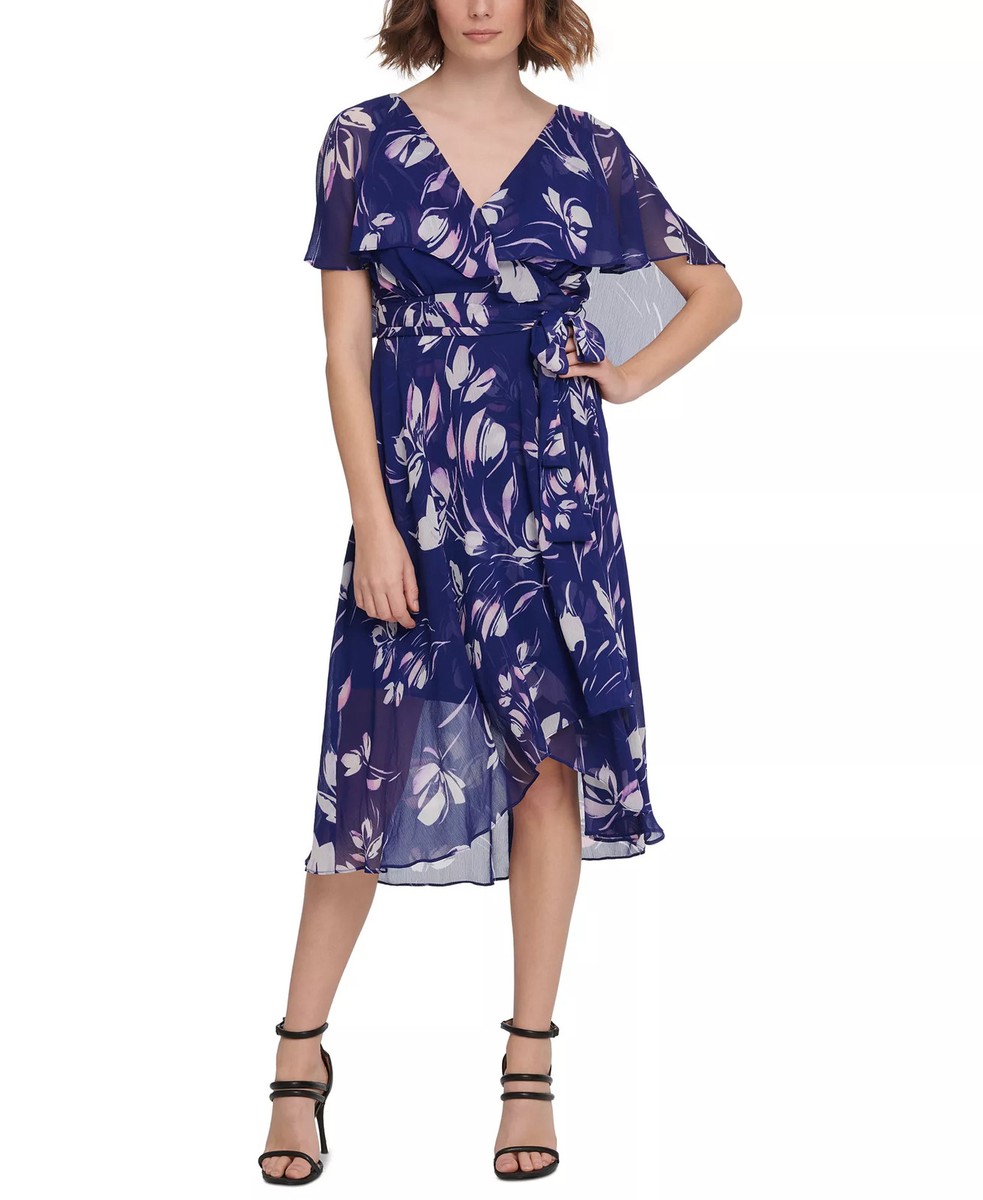 dkny blue floral dress Dkny Womens Floral Calf Midi Dress Blue 4