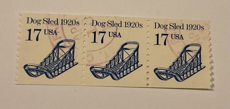 US Stamp #2135 17c. Dog Sled Coil ,Strip of 3, Used, Light Cancel
