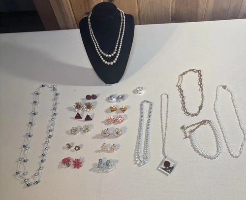 Costume Vintage Jewelry Lot – Necklaces & Earrings, Clip-On, Mixed Styles