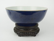 LARGE Antique Chinese Monochrome Deep Blue Porcelain Bowl & Wooden Stand 18th C
