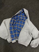 Mens M Gray Pullover Hoodie Blue Plaid Lined Hooded Long Sleeve Sweatshirt