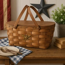 Vintage Basketville Wicker Picnic Basket 1940s With Mounted Brass American Eagle