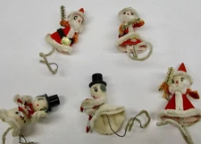 Vintage Christmas tie ons figures spun cotton heads Santa Claus Snowman chenille