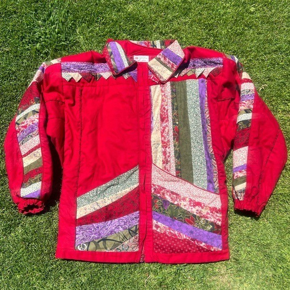 VTG Patchwork Granny Jacket Handmade Red Shabby C… - image 4