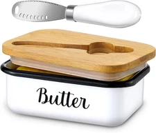 LANDNEOO Butter Dish with Lid Stainless Steel Keeper & Curler Knife Farmhouse