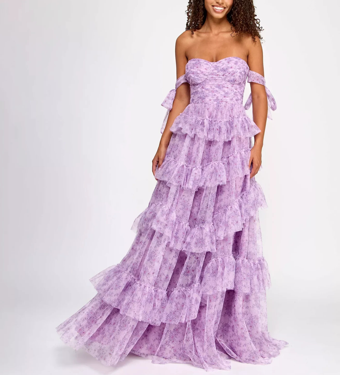 Say Yes Juniors' Floral-Print Tiered Off-The-Shoulder Ball Gown MSRP $199
