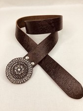 Fossil Tooled Leather Belt Large L Western Concho Rhinestone Buckle Brown