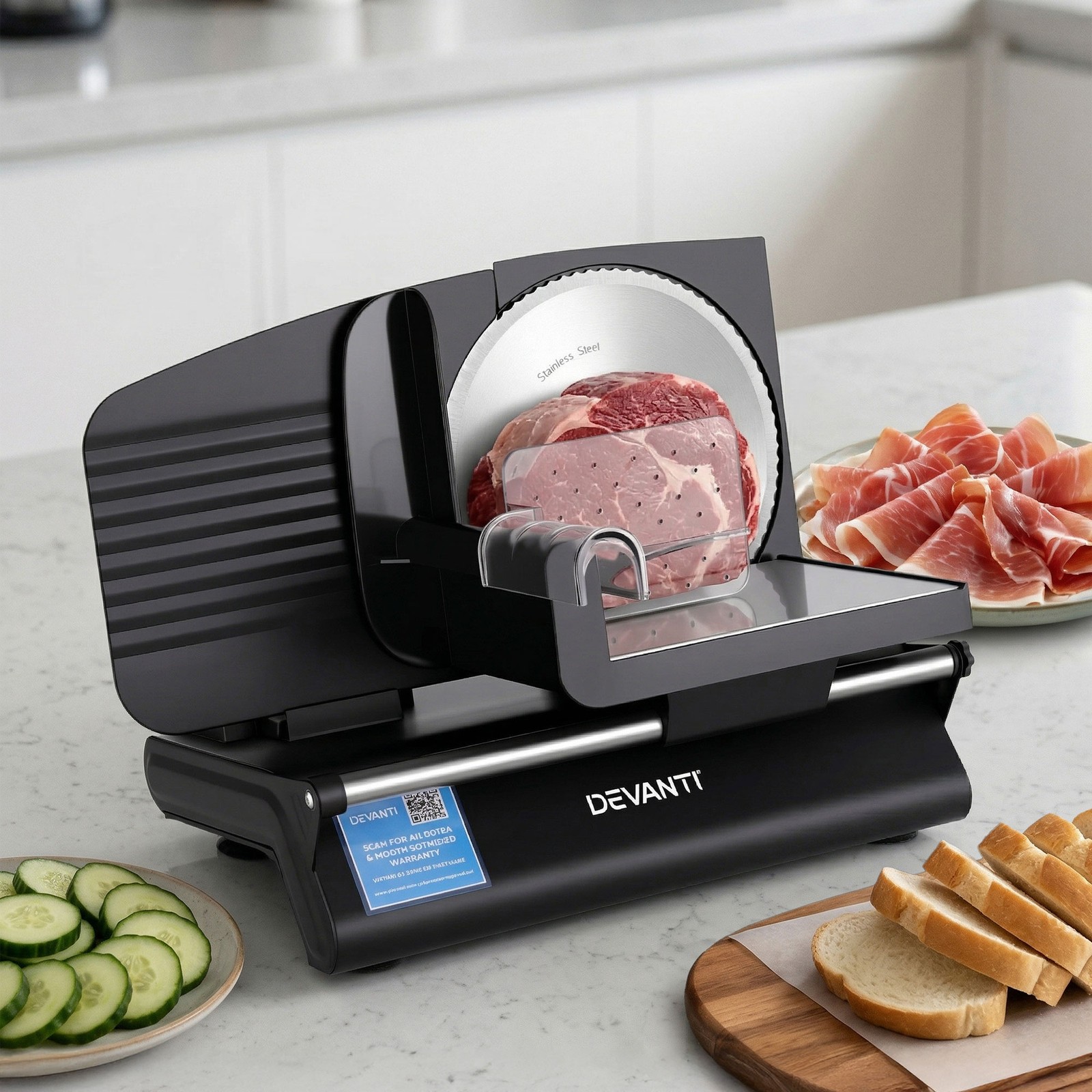 Devanti Meat Slicer Bread Vegetable, 200W Power 0-15mm Adjustable, Black
