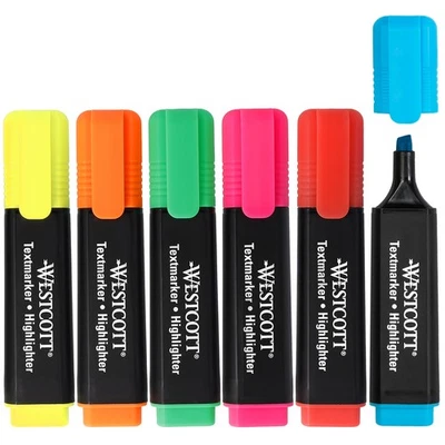 WESTCOTT Textmarker 6er Set leuchtende Farben Marker Keilspitze Wasserbasis Schule Büro