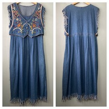 Upcycled Denim Dress Size M L Artsy Blue Embroidered Fringed Modest Country Boho