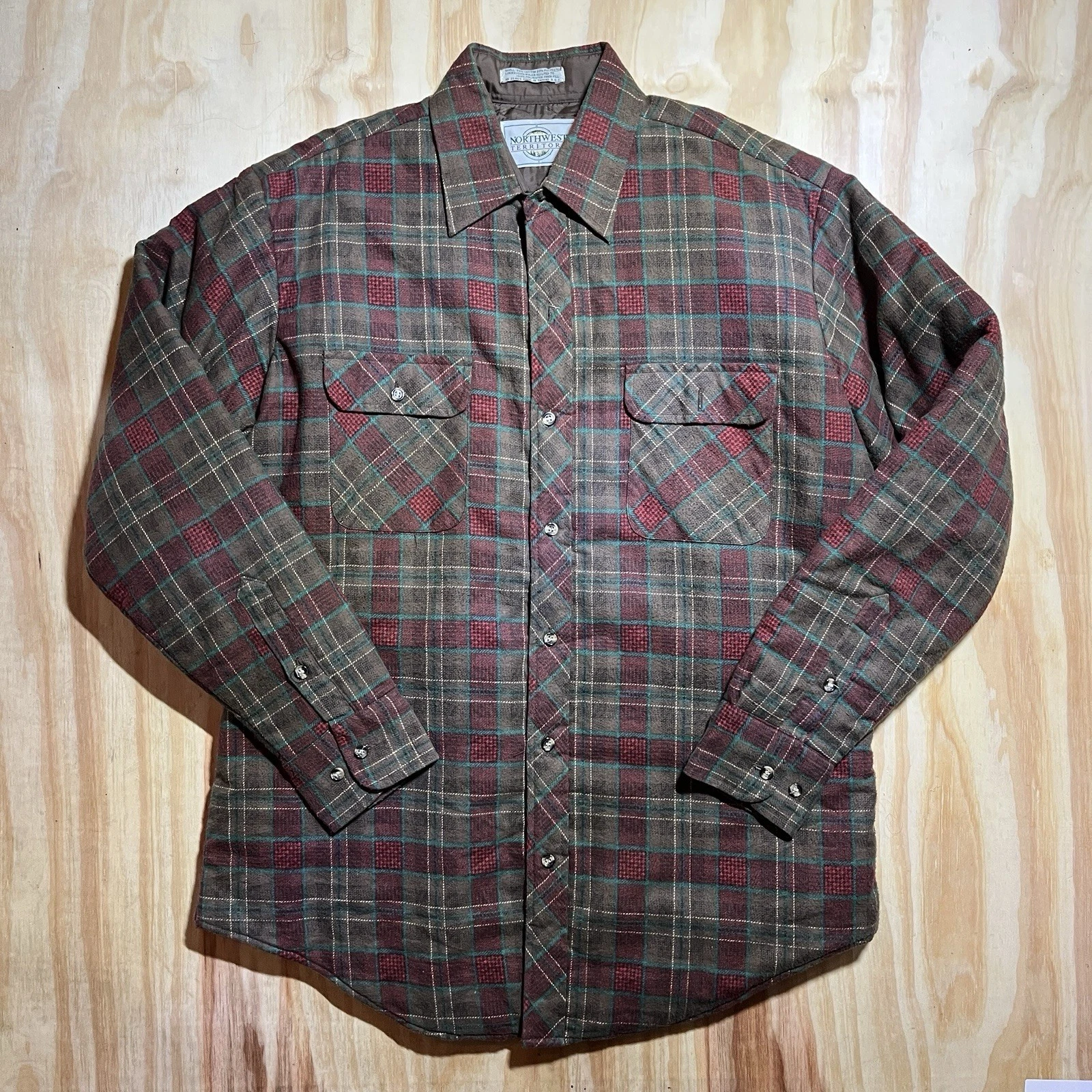 Northwest Territory Quilted Flannel Plaid Shirt Brown Red Green L Long Sleeve