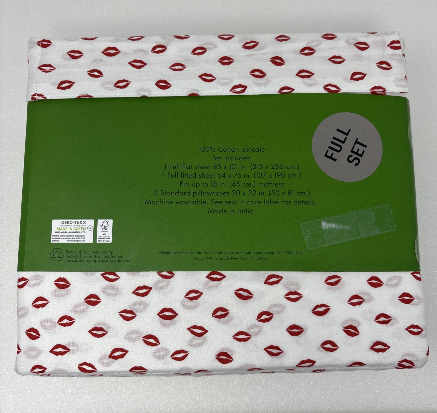 Kate Spade FULL Sheet Set Cotton White Red Lips Lipstick Kisses Love thumbnail 2