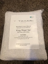 TAHARI Washed LINEN Blend KING Size Sheet Set, Soft Blue Floral Pattern