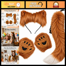 Faux Fur Cat Wolf Fox Ears Headband Tail Paw Gloves Set for Cosplay Halloween