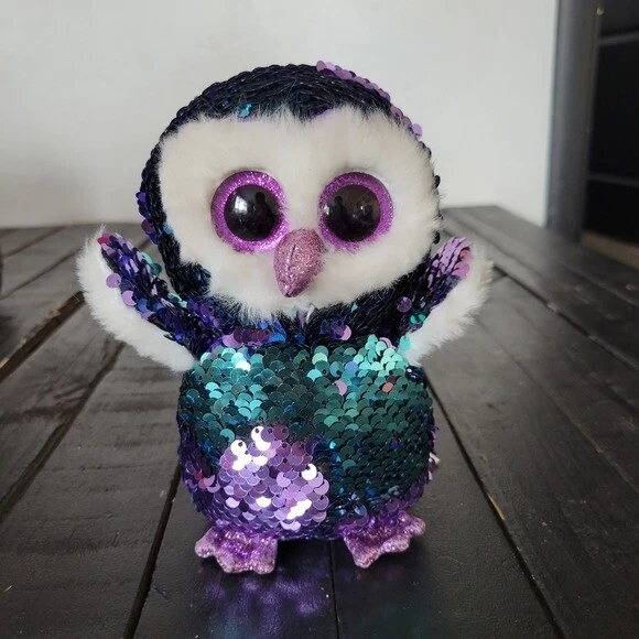 Ty Beanie Boo Moonlight Owl Stuffed Plush Animal Flip Sequin