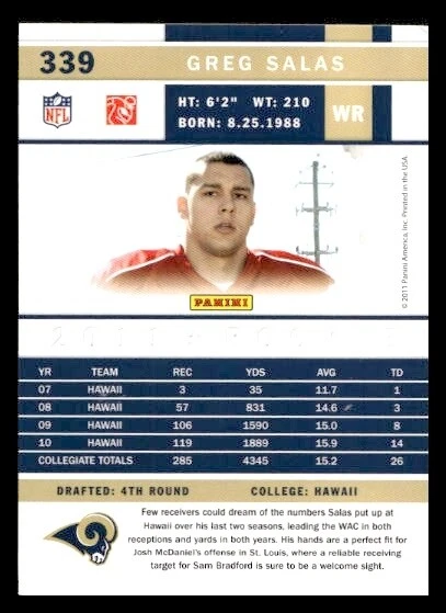 2011 Score #339 Greg Salas Rookie St. Louis Rams - Image 2 of 2