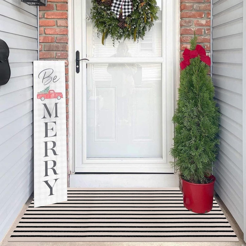 Black and White Striped Outdoor Rug Runner 24"X51" Layering Doormat Farmhouse Fr - Picture 2 of 12