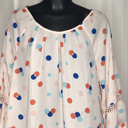 Copper Key Pink Polka Dot Blouse Womens M Hi-Low Lace Trim 3/4 Sleeve - Picture 5 of 12
