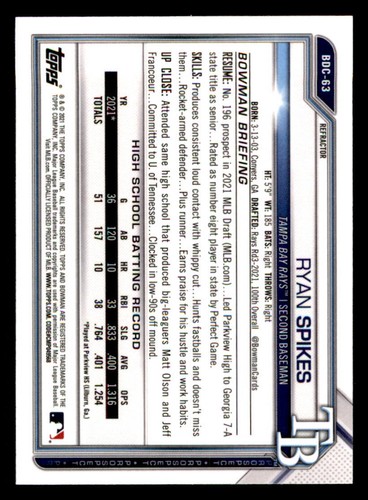 2021 Bowman Chrome Draft Refractors #BDC63 Ryan Spikes - Picture 2 of 2