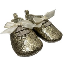 Infant Girls Shiny Gold Glitter Shoes Ribbon Laced 3-6M Soft Sole Crib Shoe