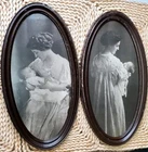 Set Of 2 Antique 1900's Metal Oval Frame Mother w/ Baby Photographs 10" X 5½"