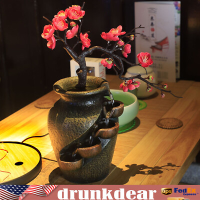 Flower Vase Waterfall Fountain Tabletop Indoor FengShui Water Fountain Decor USA