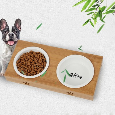 Cat Dog Bowls Elevated Bamboo Pet Table Duo Ceramic Bowls Raised
