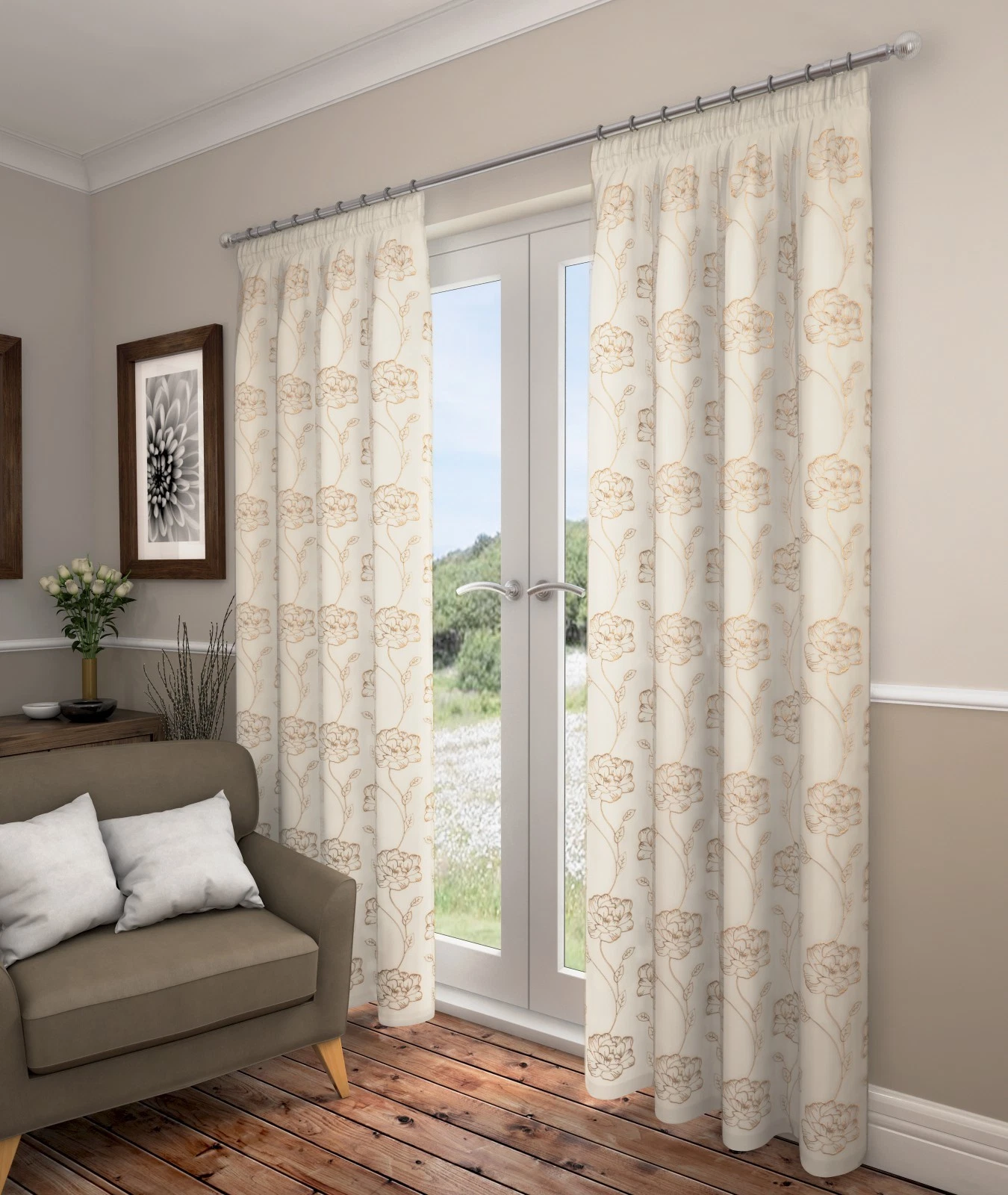 Lotus Beautiful lined Floral voile Curtains , White/silver & Champagne/Gold