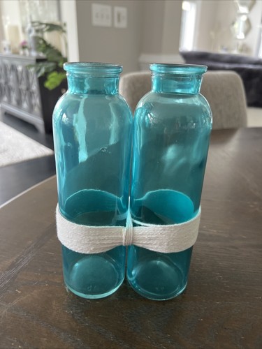 Garn umwickelte Flaschen Aqua Blau Glas Bauernhaus Blumen Vase Dekor Neu - Bild 4 von 8