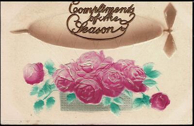 EARLY 1900s ANTIQUE Bas Relief EMBOSSED Flying Blimp & Roses POSTCARD Dear Lily