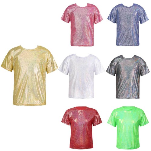 Kids Boys Girls T-shirt Sparkly Jazz Dance Tops Athletic Shiny Sequin Blouse AU - Picture 3 of 58
