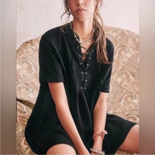 SEZANE Theodora Lace-Up Back Babydoll Mini Dress in Black - Size 34 (2)