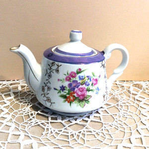Vintage Miniature Porcelain Glossy Teapot Floral Roses Blue Accent