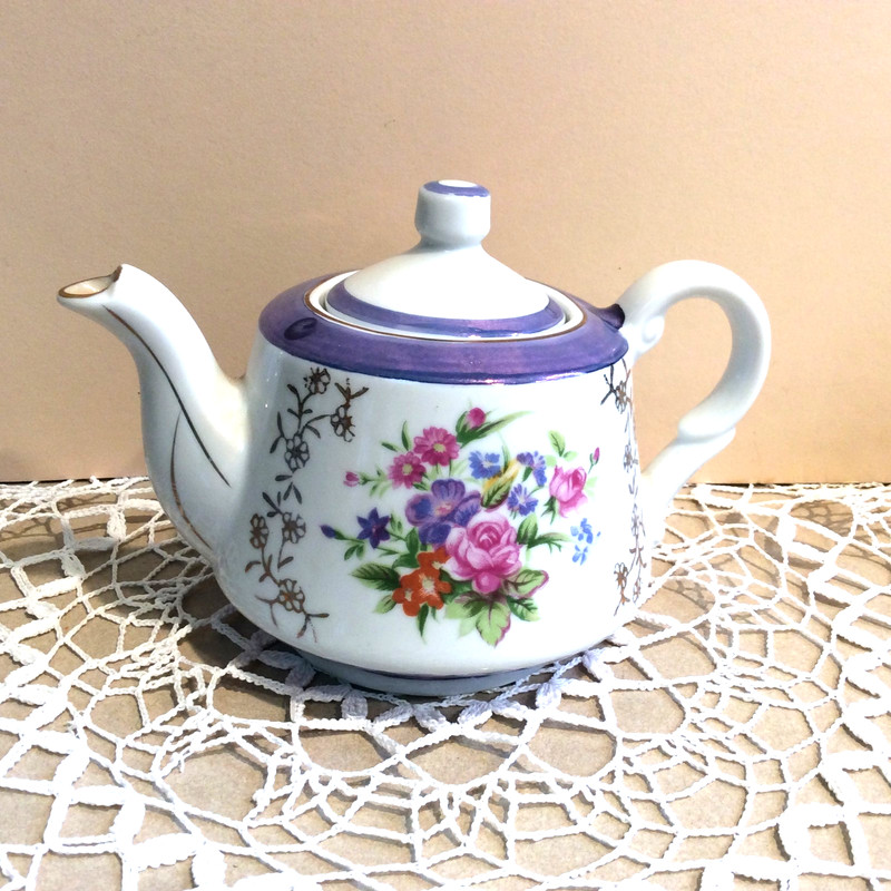 Vintage Miniature Porcelain Glossy Teapot Floral Roses Blue Accent