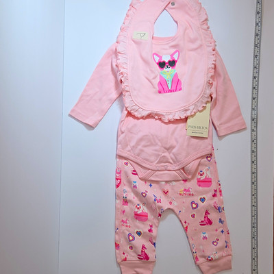 Paris Hilton Girls 6-9M 3pc Organic Knit Set Bodysuit Pants Bib Ruffle