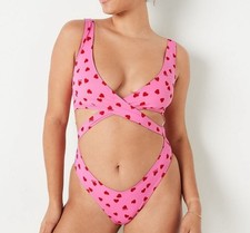 PINK Women's Large One-Piece Swimsuit pink With Red Hearts