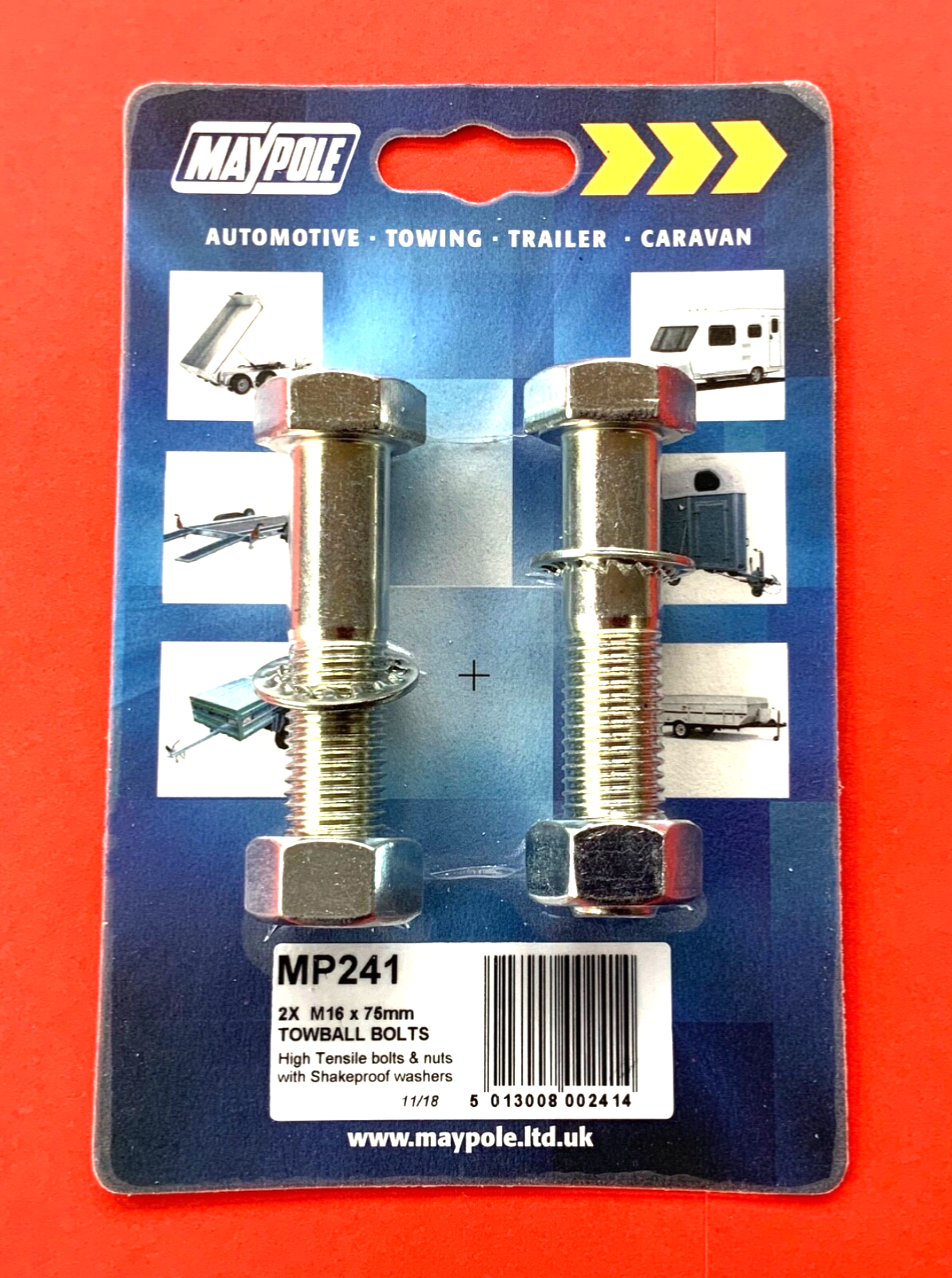 2 x TowBall / Tow Bar Nuts & Bolts & Washers M16 x 75mm High Tensile 8.8 Grade