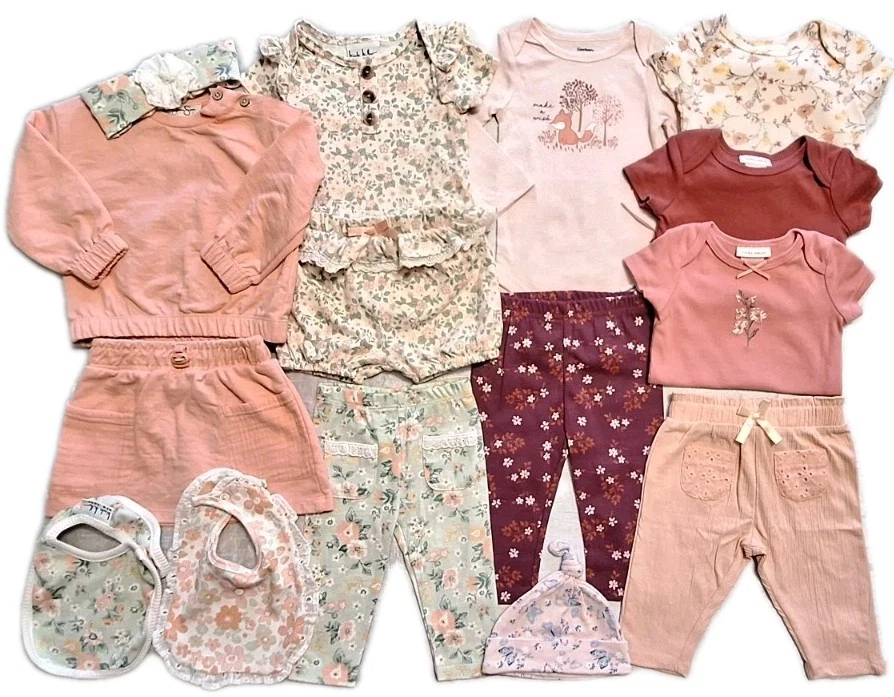 Baby Toddler Girls (3-6M/12M) Clothing Lot 15Pcs Outfit Sets Bibs Hat Pants
