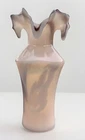 Vintage Hand Blown Art Glass Vase White(milk Glass) Purple Swirls Ruffled Top