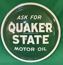 Vintage 24" Quaker State Motor Oil Button Sign Green/White-Repainted 1960s-1970s