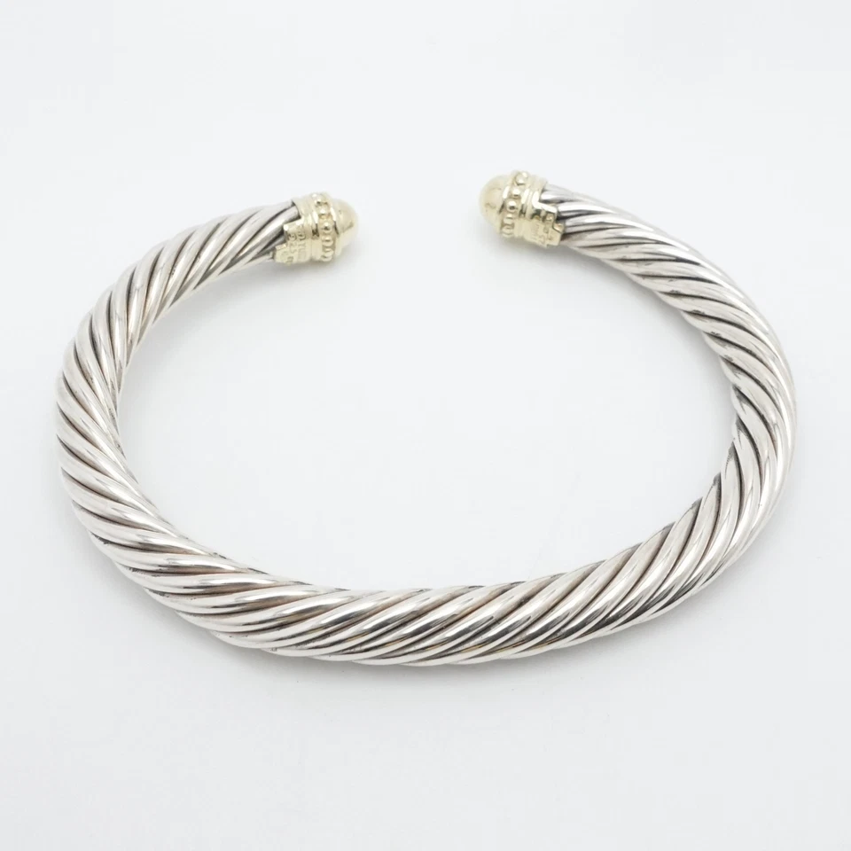 David Yurman Sterling Silver 14K Gold Beaded 7mm Cable Cuff Bracelet 7.5" Wrist - Image 3 of 4