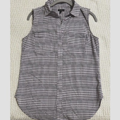 Talbots XS Sleeveless Button Front Blouse Pink Navy Geometric Modern Workwear