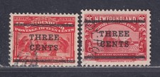 Newfoundland Canada Scott 129-130 Used 1920 3c on 15c and 3c on 35c Provisionals