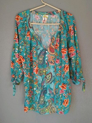 Fig & Flower Women's 2X Boho Floral Paisley Blouse Teal